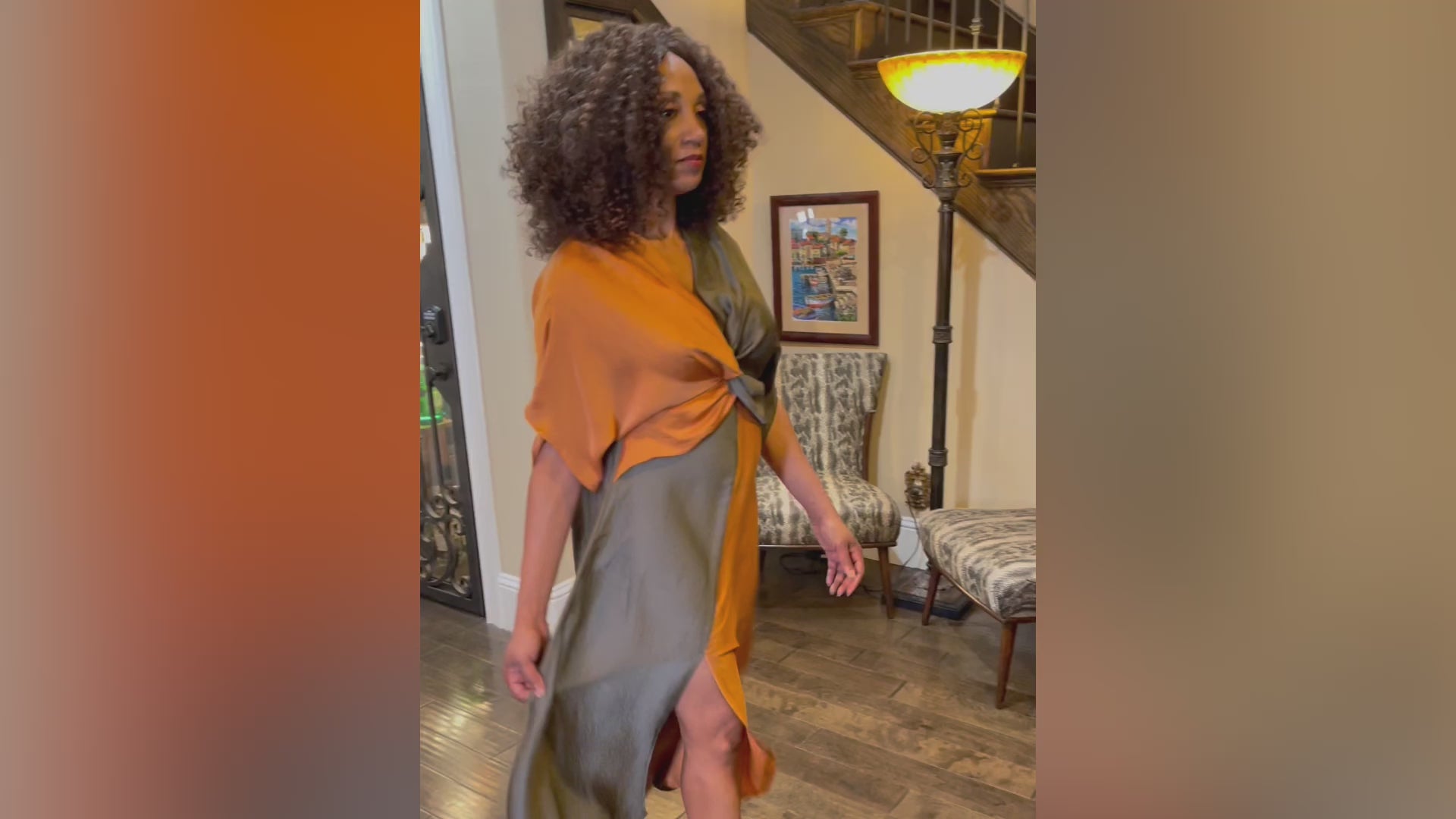 Bronze-Olive Front Split Maxi Dress